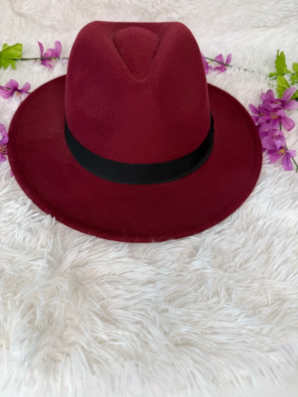 Burgundy Fedora Hat with Black Band Unisex - Picture 6 of 9